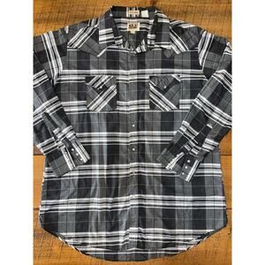 Mens Ely Cattleman 2XL Tall Black White Plaid Snap‎ Button Up Lightweight Shirt